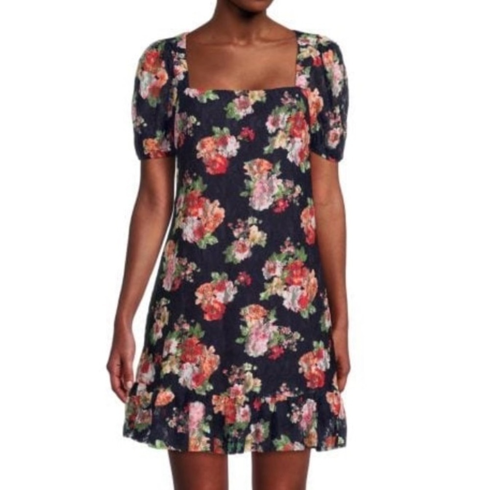 Tash + Sophie floral print, square neck, lined navy mini dress sizes L & XL
